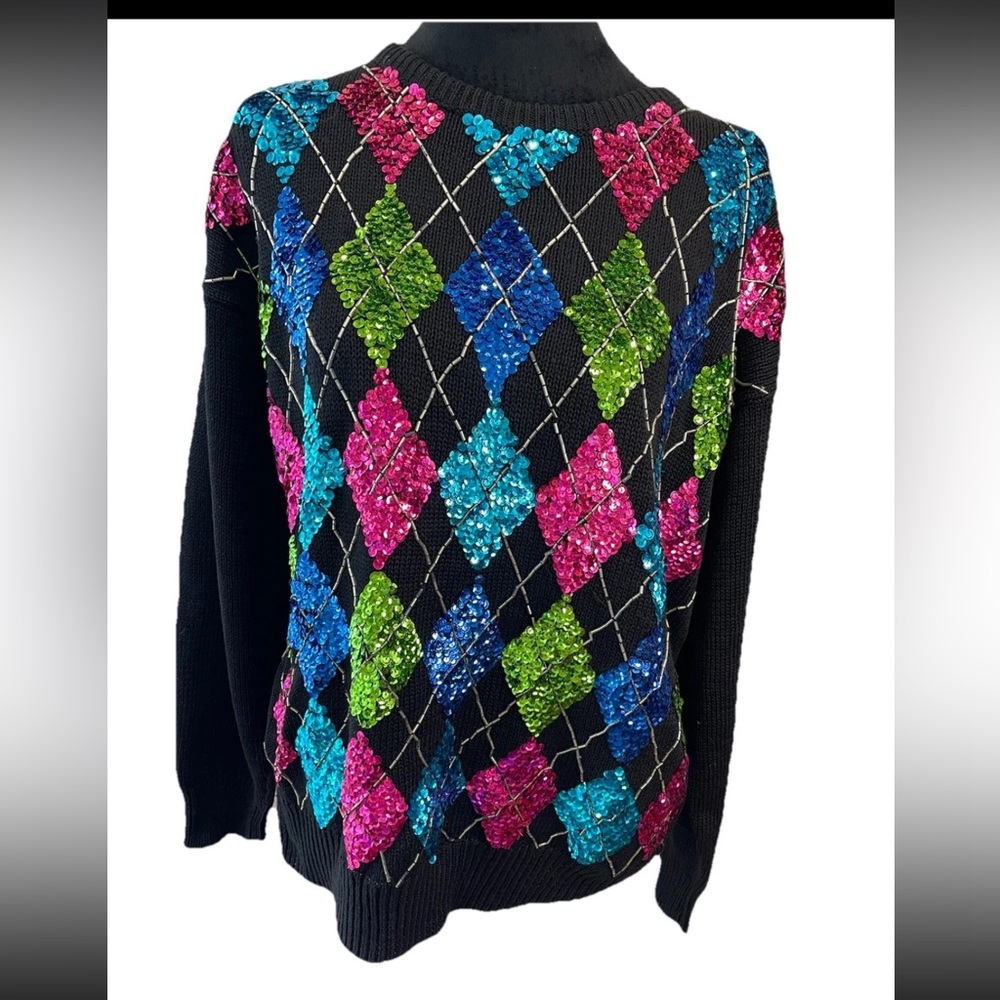 Eminent colorful 1980s sequined black knit cotton blend sweater‎ ladies size Med